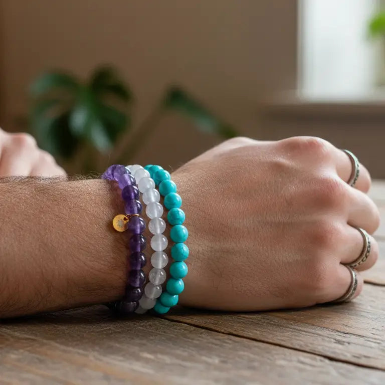 Rose Quartz, Amethyst, and Turquoise beaded bracelet with gold charms on a wrist against a wooden top and blurred indoor background