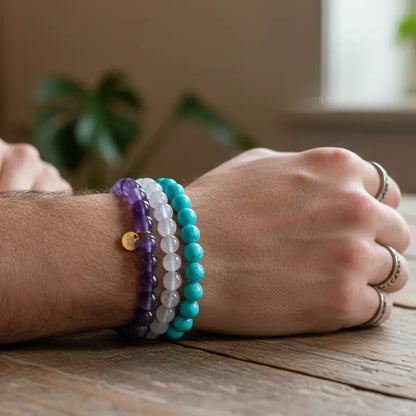 Rose Quartz, Amethyst, and Turquoise beaded bracelet with gold charms on a wrist against a wooden top and blurred indoor background