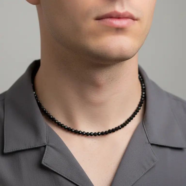 Black Tourmaline Faceted Necklace on a man's neck