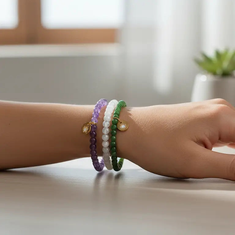 Amethyst, Moonstone, and Nephrite Jade beaded bracelets with gold charms on a wrist with a plant pot and window in the blurred background