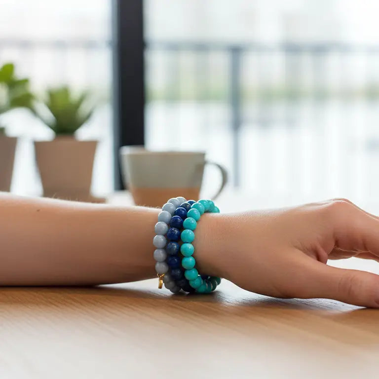 Lapis Lazuli, Turquoise, and Angelite beaded bracelets with gold charm with blurred indoor background