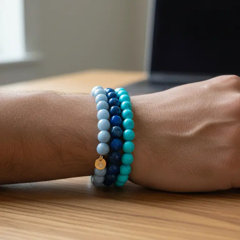 Lapis Lazuli, Turquoise, and Angelite beaded bracelets with gold charm on a wrist and blurred indoor background