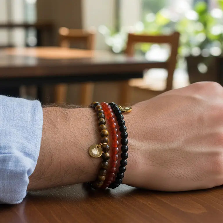 Tiger Eye, Carnelian, and Obsidian beaded bracelets with gold charms on a wrist with rolled up light blue sleeve and blurred outdoor background