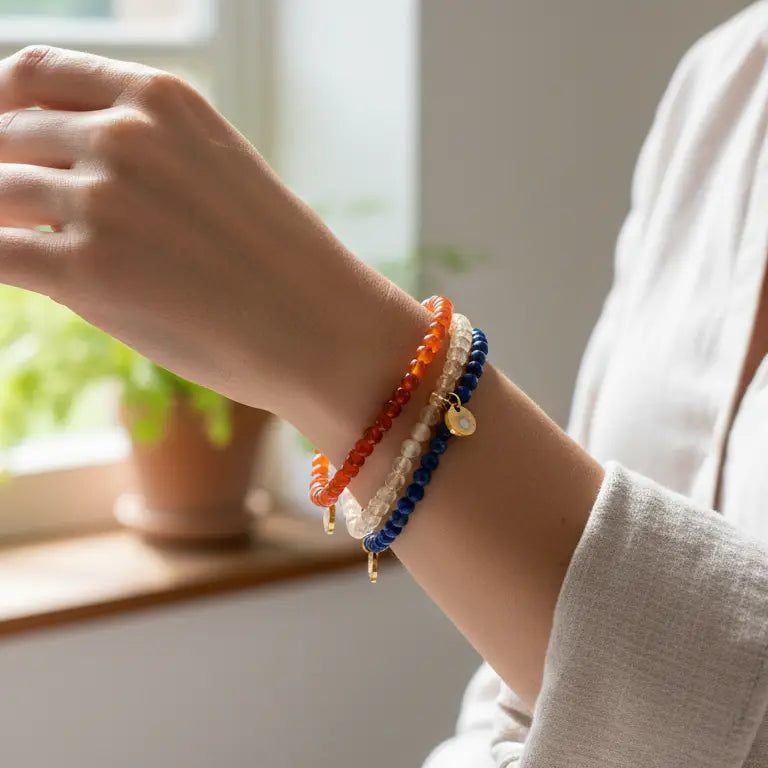 A hand with Citrine, Carnelian, and Lapis Lazuli beaded bracelets with gold charms with a plant pot and window in the blurred background