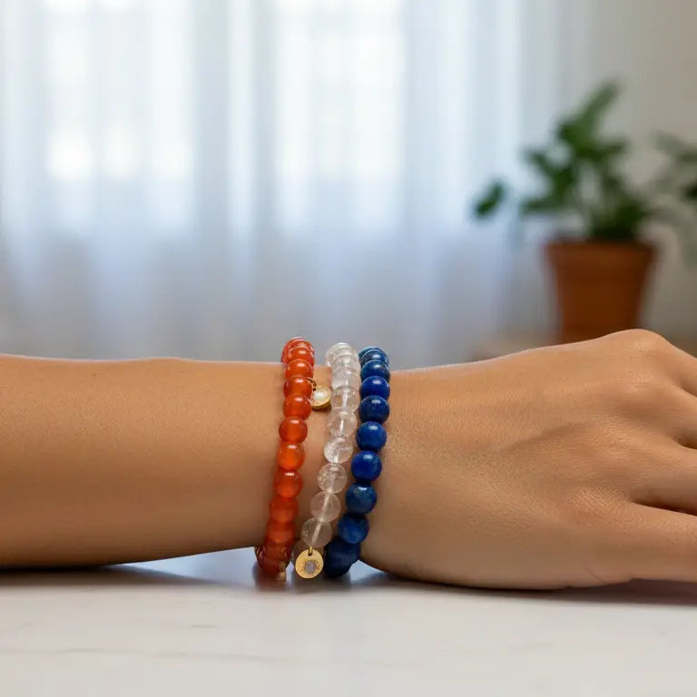 Citrine, Carnelian, and Lapis Lazuli beaded bracelets with gold charms on a wrist and a blurred indoor background