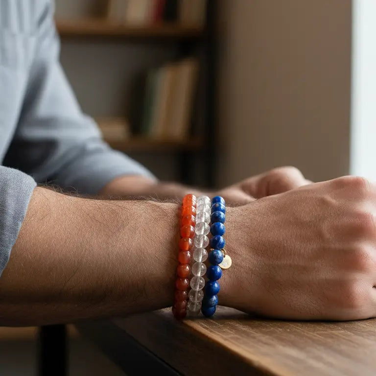 Citrine, Carnelian, and Lapis Lazuli beaded bracelets with gold charms on a wrist with a bookshelf blurred background