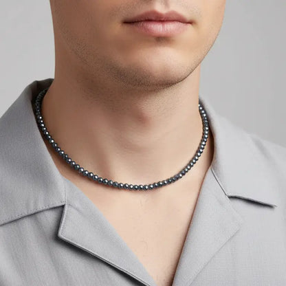 Hematite Faceted Necklace on a man's neck