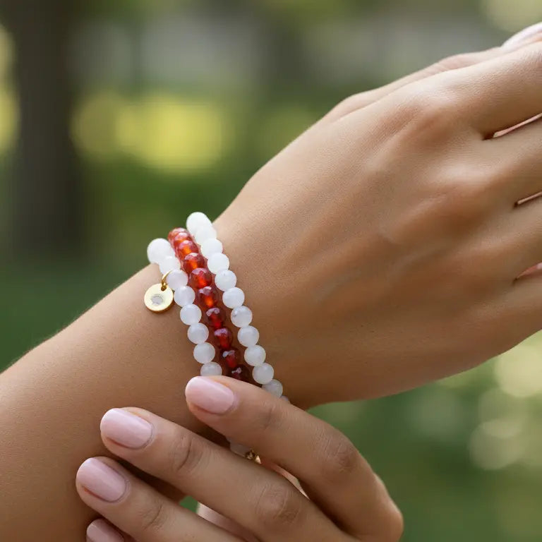Close-up of a hand wearing Rose Quartz, Moonstone, and Carnelian beaded bracelets with gold charms and a blurred green background