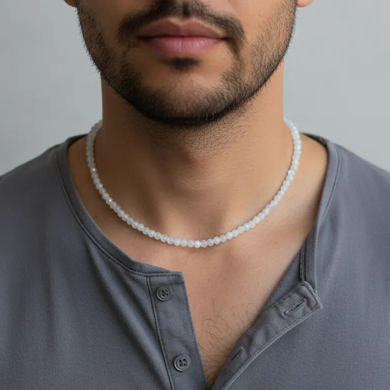 Moonstone Beaded Necklaceon a man's neck