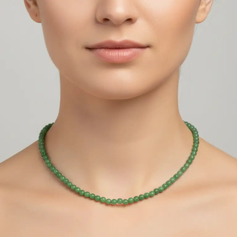 Nephrite Jade Beaded Necklace on a woman's neck