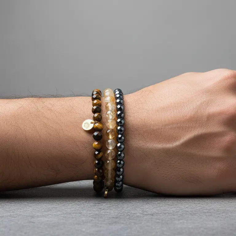 Hand wearing Tiger Eye, Hematite, and Citrine faceted beaded bracelets with gold charm on a gray background