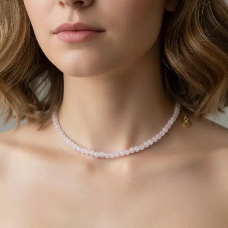 Rose Quartz Beaded Necklace with gold charm on a wonan's neck