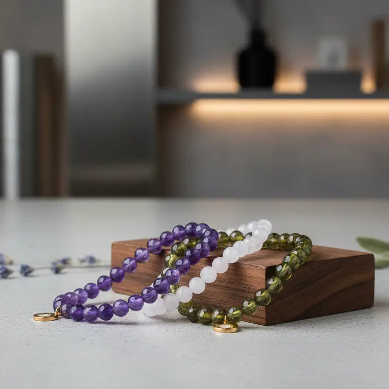 Rose Quartz, Amethyst, and Peridot faceted beaded bracelets with gold charms on a wooden stand with a blurred indoor background