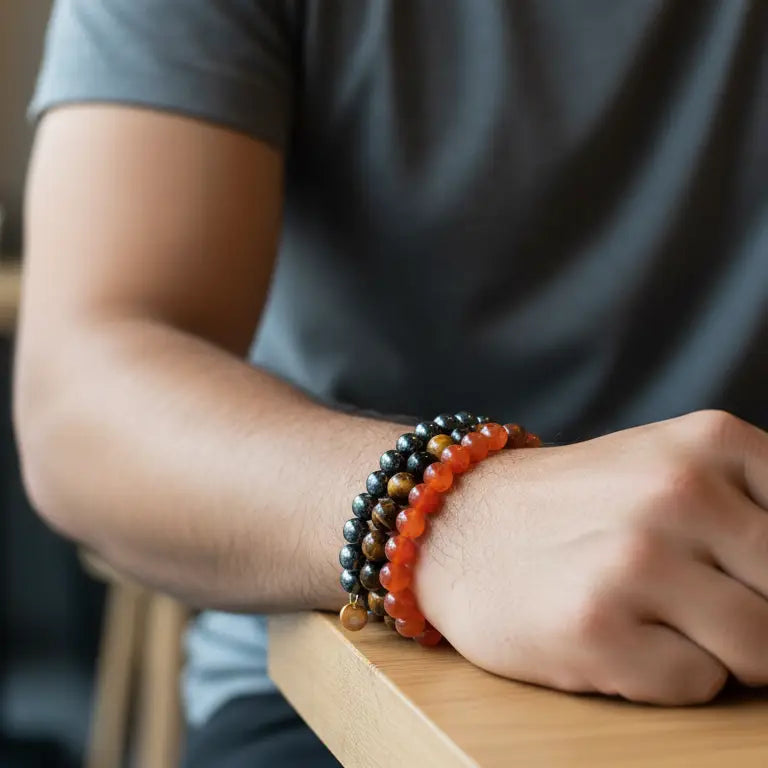 Person wearing a Carnelian, Tiger Eye, and Hematite beaded bracelet with gold charm on a blurred indoor background