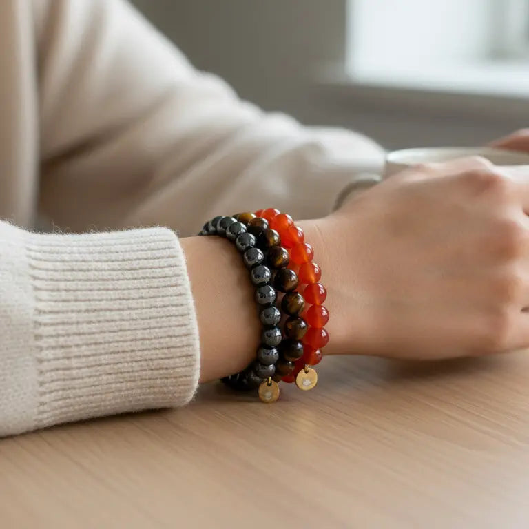 Person wearing Carnelian, Tiger Eye, and Hematite beaded bracelets with gold charms on a wooden table