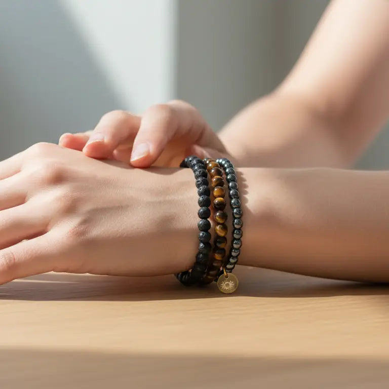 Person's wrist weraring Hematite, Tiger Eye, and Lava Stone beaded bracelet with gold charm on a wooden surface