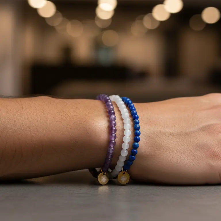 Close-up of a wrist wearing Amethyst, Moonstone, and Lapis Lazuli beaded bracelets with gold charm on a blurred indoor background